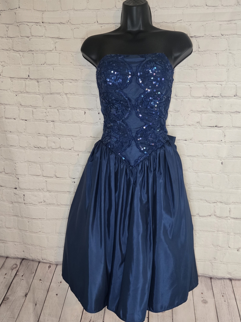 VTG 80s Gunne Sax Prom Dress Strapless Sequin Basque Bodice Navy Formal XS